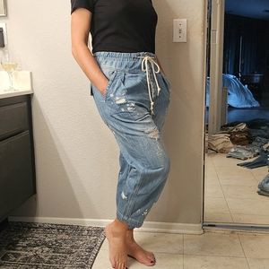Free People Womens Elastic Waist Drawstring Cropped Distressed Small Blue Jeans